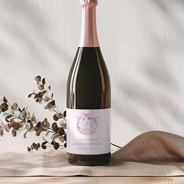 Étiquettes Pour Bouteilles De Vin Mousseux Fille Pink Disco Ball Élégante Fête des mariées (Créateur téléchargé)