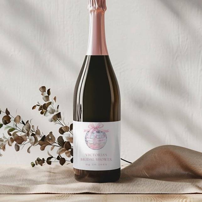 Étiquettes Pour Bouteilles De Vin Mousseux Fille Pink Disco Ball Élégante Fête des mariées (Créateur téléchargé)