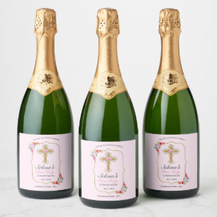 Étiquettes Pour Bouteilles De Vin Mousseux Filles Rose Floral Première Sainte Communion