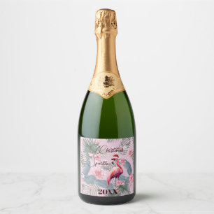 Étiquettes Pour Bouteilles De Vin Mousseux Flamant rose de Noël Tropical Personnel