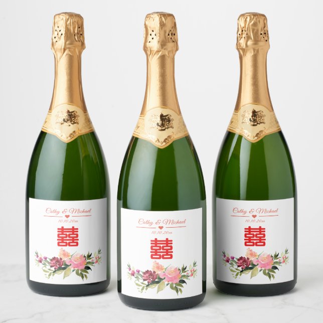 Étiquettes Pour Bouteilles De Vin Mousseux Fleur aquarelle double bonheur mariage chinois (Bouteilles)