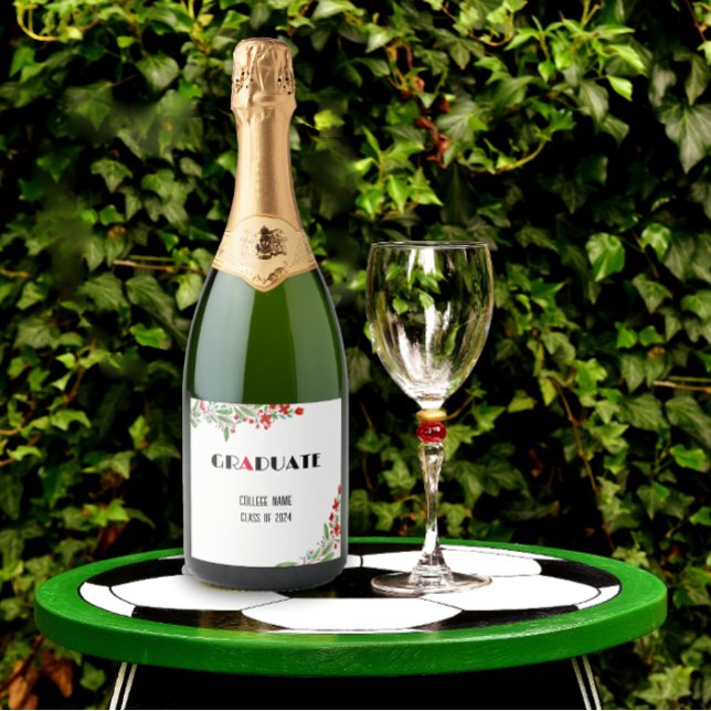 Étiquettes Pour Bouteilles De Vin Mousseux Fleur aquarelle noir blanc rouge graduation (Créateur téléchargé)