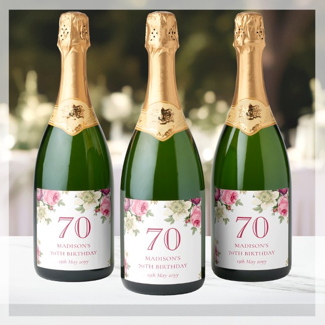 Étiquettes Pour Bouteilles De Vin Mousseux Fleur rose 70e fête d'anniversaire (Créateur téléchargé)