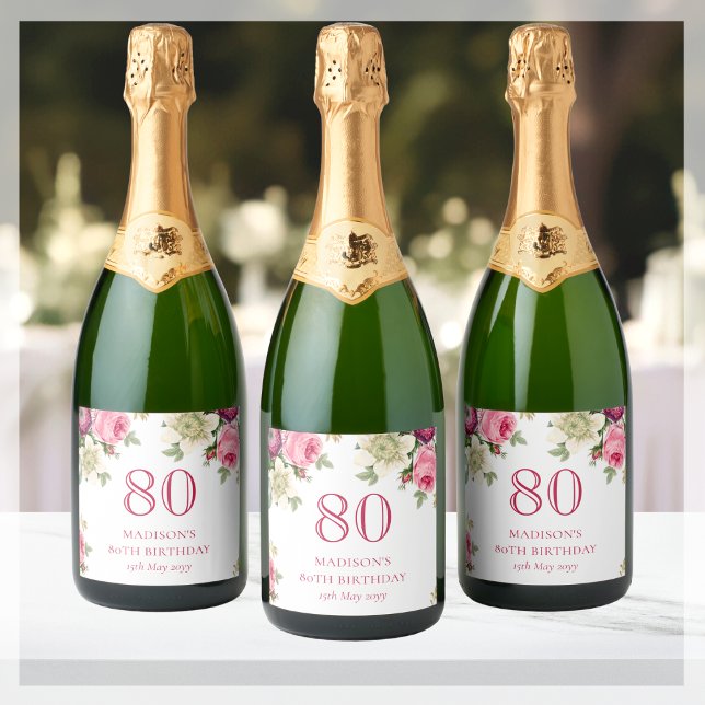 Étiquettes Pour Bouteilles De Vin Mousseux Fleur rose 80e fête d'anniversaire (Créateur téléchargé)