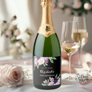 Étiquettes Pour Bouteilles De Vin Mousseux Fleur rose lavande violet noir anniversaire