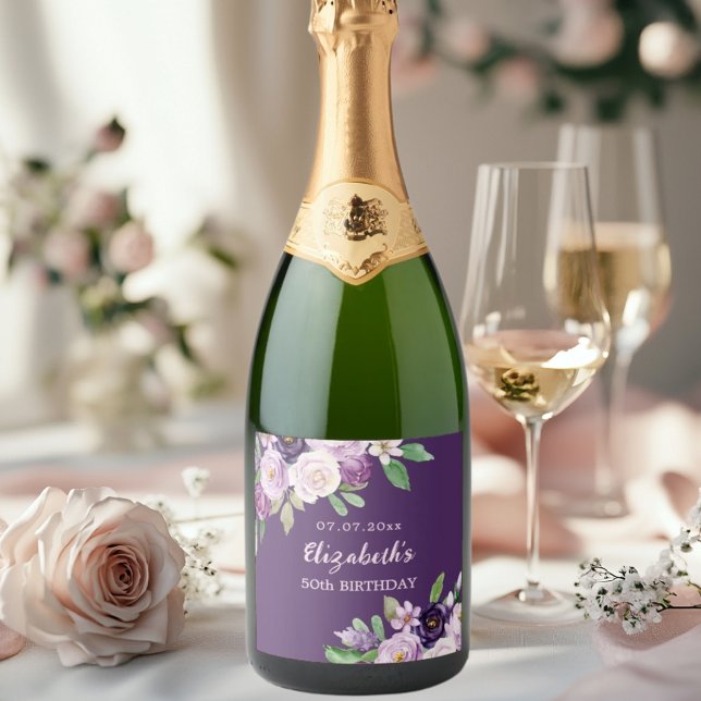 Étiquettes Pour Bouteilles De Vin Mousseux Fleur rose lavande violette anniversaire (Créateur téléchargé)