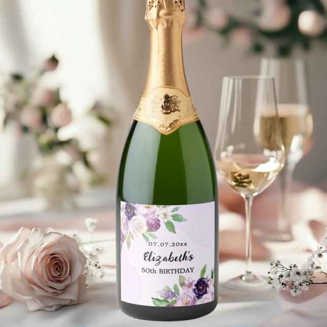 Étiquettes Pour Bouteilles De Vin Mousseux Fleur violet rose violet anniversaire (Créateur téléchargé)