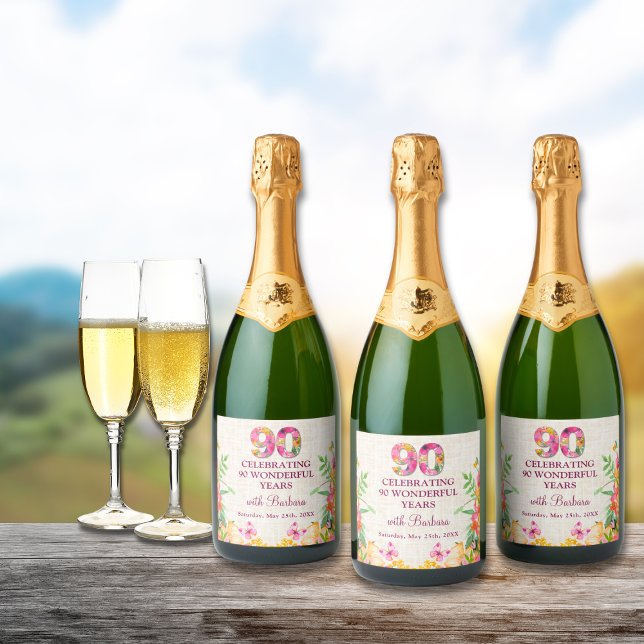 Étiquettes Pour Bouteilles De Vin Mousseux Fleurs 90 ans Papillon 90e Anniversaire Linge (Créateur téléchargé)