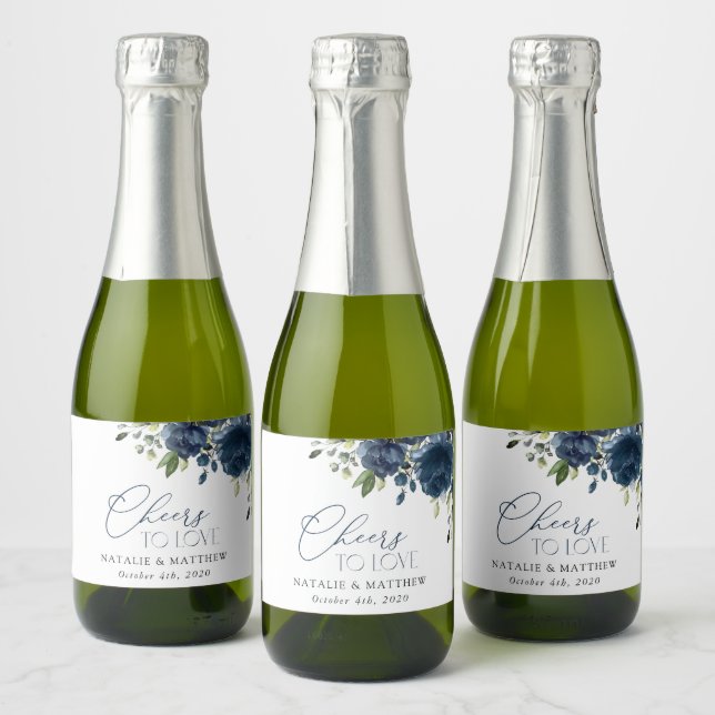 Étiquettes Pour Bouteilles De Vin Mousseux Fleurs bleues de la Marine, Verdure, Boho, Mariage (Bouteilles)
