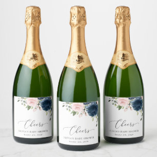 Étiquettes Pour Bouteilles De Vin Mousseux Fleurs Bleues Marine, Fleurs Roses, Baby shower