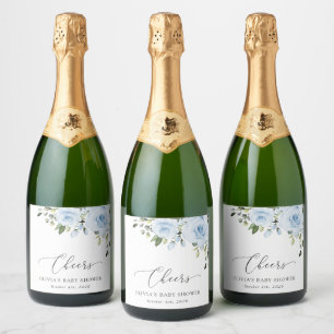 Étiquettes Pour Bouteilles De Vin Mousseux Fleurs bleues poussiéreuses, Verdure, Boho, Baby s