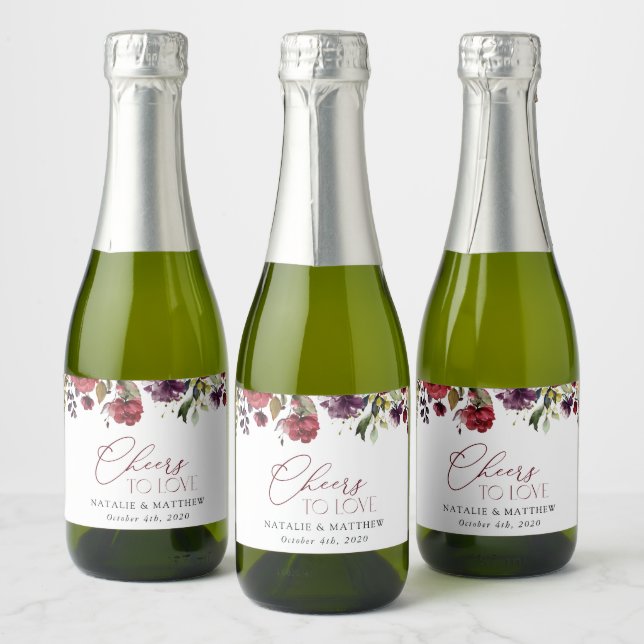 Étiquettes Pour Bouteilles De Vin Mousseux Fleurs Bourgogne, Fleurs roses, Verdure, Mariage (Bouteilles)