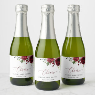 Étiquettes Pour Bouteilles De Vin Mousseux Fleurs Bourgognes, Fleurs Rouges, Boho, Baby showe