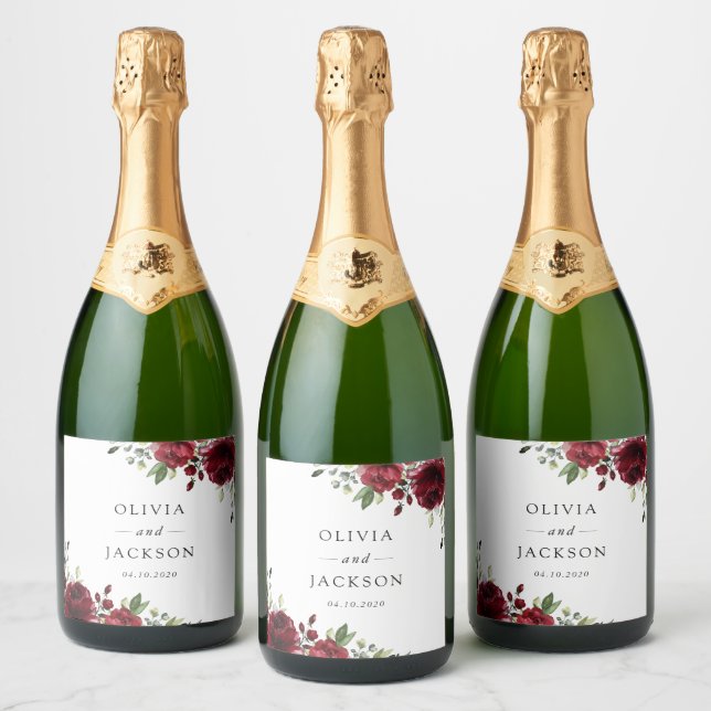 Étiquettes Pour Bouteilles De Vin Mousseux Fleurs Bourgognes, Fleurs rouges, Mariage Floral (Bouteilles)