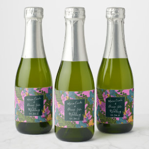 Étiquettes Pour Bouteilles De Vin Mousseux Fleurs dessinées à la main Mariage Vert sauge rose
