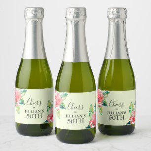 Étiquettes Pour Bouteilles De Vin Mousseux Fleurs d'Hibiscus à l'Aquarelle Tropicale sur Mini