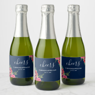 Étiquettes Pour Bouteilles De Vin Mousseux Fleurs mariages rouges et roses bleu foncé marine