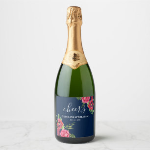 Étiquettes Pour Bouteilles De Vin Mousseux Fleurs mariages rouges et roses bleu foncé marine
