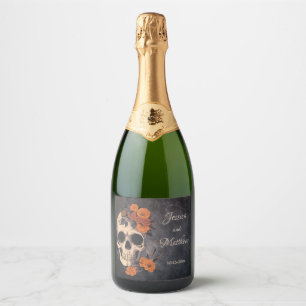Étiquettes Pour Bouteilles De Vin Mousseux Fleurs orange Élégant Mariage crâne