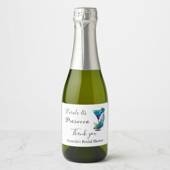 Étiquettes Pour Bouteilles De Vin Mousseux Fleurs & Prosecco Fête de Mariage Florale Bleue  (Devant)