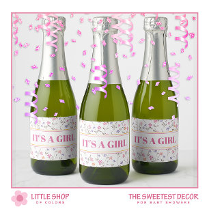 Étiquettes Pour Bouteilles De Vin Mousseux Fleurs roses C'est une fille Baby Shower