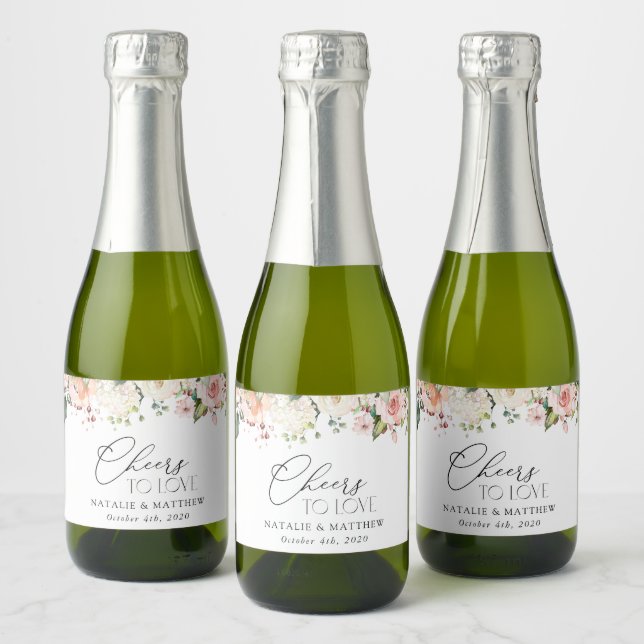 Étiquettes Pour Bouteilles De Vin Mousseux Fleurs roses, Fleurs blanches, Verdure, Mariage (Bouteilles)