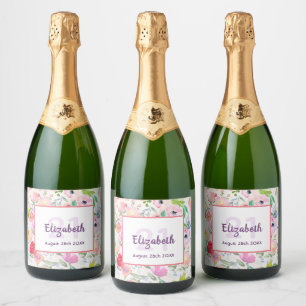 Étiquettes Pour Bouteilles De Vin Mousseux Fleurs roses romantiques de couleur aquarelle 21e 
