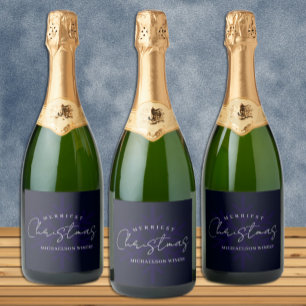 Étiquettes Pour Bouteilles De Vin Mousseux Flocon de neige de Noël le plus joyeux Bleu marine