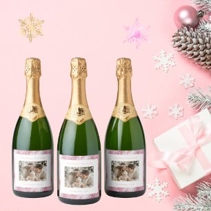 Étiquettes Pour Bouteilles De Vin Mousseux Flocon de neige rose victorien Photo de Noël