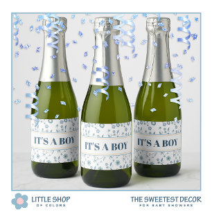 Étiquettes Pour Bouteilles De Vin Mousseux Floral bleu C’est un Baby shower garçon