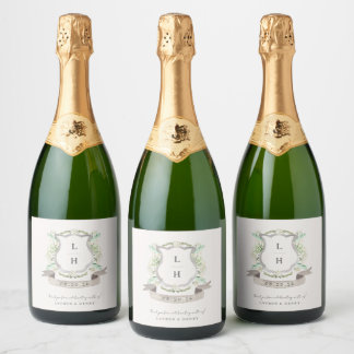 Étiquettes Pour Bouteilles De Vin Mousseux Floral Crest Aquarelle Monogramme Mariage