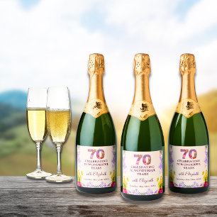 Étiquettes Pour Bouteilles De Vin Mousseux Floral élégant flacon 70ème anniversaire fleur 70