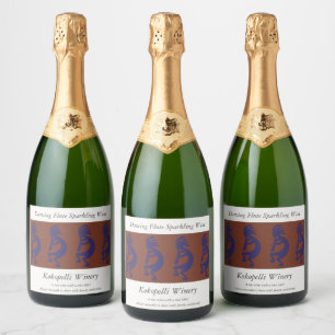 Étiquettes Pour Bouteilles De Vin Mousseux Flûte Jouer Kokopelli Figure - Bleu sur rouille Ro