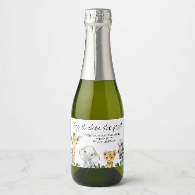 Étiquettes Pour Bouteilles De Vin Mousseux Foliage Safari Animaux Baby shower Pop It (Devant)