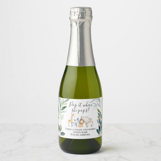 Étiquettes Pour Bouteilles De Vin Mousseux Foliage Safari Baby shower Pop It (Devant)