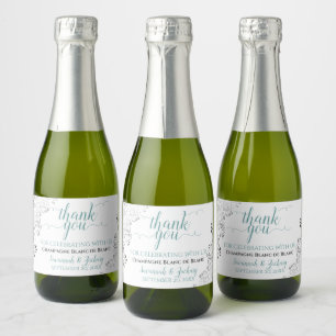 Étiquettes Pour Bouteilles De Vin Mousseux Frilly Argent Turquoise & Mariage blanc Merci Mini