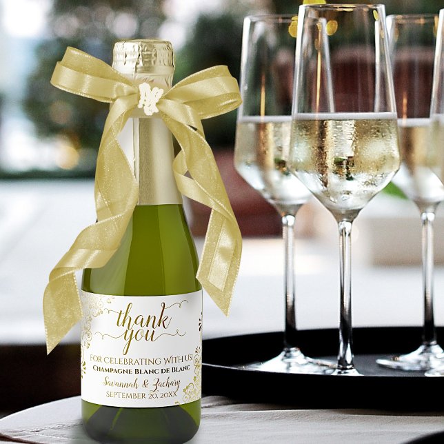 Étiquettes Pour Bouteilles De Vin Mousseux Frilly Gold sur le Merci Mariage blanc Mini (Créateur téléchargé)