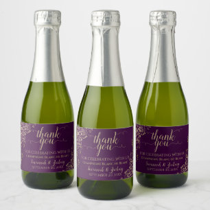 Étiquettes Pour Bouteilles De Vin Mousseux Frilly Gold sur Plum Purple Mariage Merci Mini