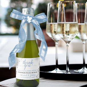 Étiquettes Pour Bouteilles De Vin Mousseux Frilly Silver Bleu & Blanc Mariage Mini Merci