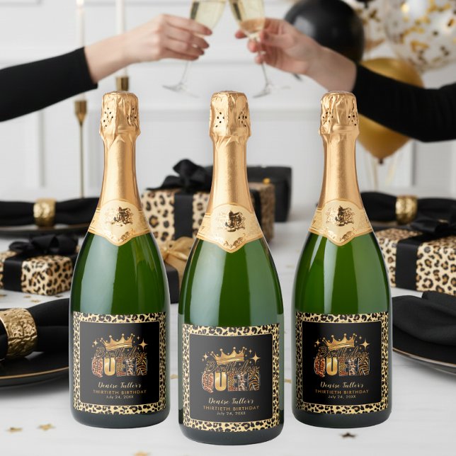 Étiquettes Pour Bouteilles De Vin Mousseux Fun Leopard Birthday Queen Thirty Birthday (Créateur téléchargé)