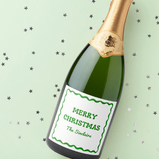Étiquettes Pour Bouteilles De Vin Mousseux Fun Moderne Vague Bordure Verte Noël fête