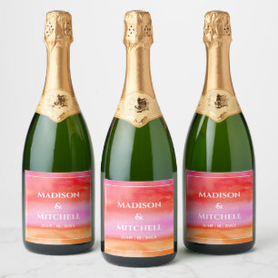 Étiquettes Pour Bouteilles De Vin Mousseux Garden Sunrise Pink Orange Aquarelle Mariage