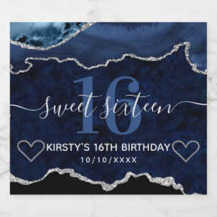 Étiquettes Pour Bouteilles De Vin Mousseux Glace Bleue et Argent Agate Marble Sweet Sixteen