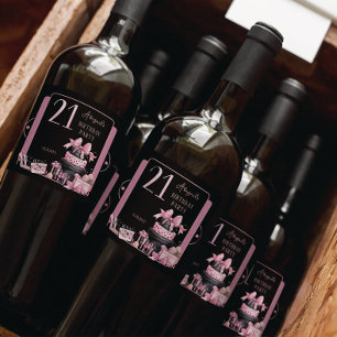 Étiquettes Pour Bouteilles De Vin Mousseux Glam Pink Black Fashion 21ème anniversaire