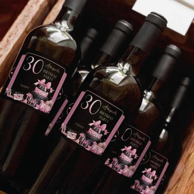 Étiquettes Pour Bouteilles De Vin Mousseux Glam Pink Black Fashion 30th Birthday Party (Glam Pink and Black French Couture Fashion 30th Birthday Party Bottle Labels)
