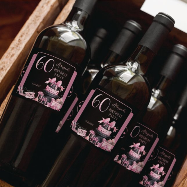 Étiquettes Pour Bouteilles De Vin Mousseux Glam Pink Black Fashion 60th Birthday Party (Glam Pink and Black French Couture Fashion 60th Birthday Party Bottle Labels)