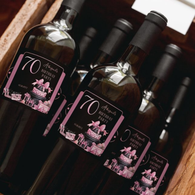 Étiquettes Pour Bouteilles De Vin Mousseux Glam Pink Black Fashion 70th Birthday Party (Glam Pink and Black French Couture Fashion 70th Birthday Party Bottle Labels)