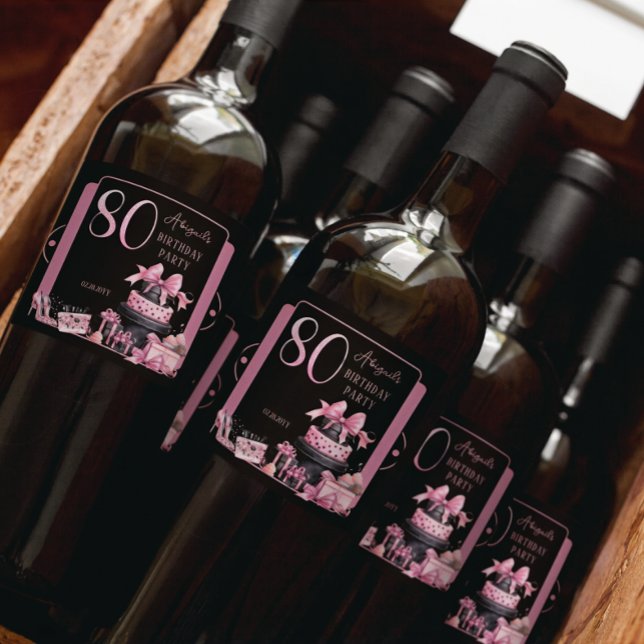 Étiquettes Pour Bouteilles De Vin Mousseux Glam Pink Black Fashion 80th Birthday Party (Glam Pink and Black French Couture Fashion 80th Birthday Party Bottle Labels)