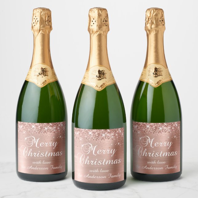 Étiquettes Pour Bouteilles De Vin Mousseux Glitter Rose Gold Foil Joyeux Noël (Bouteilles)