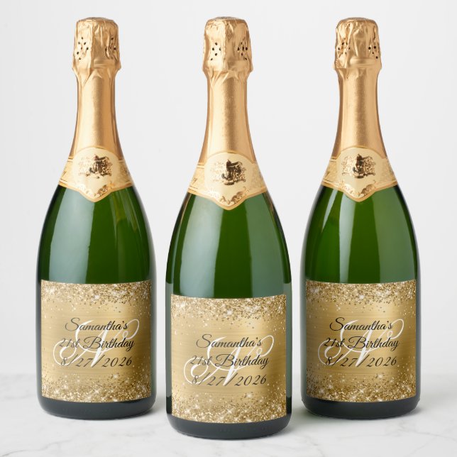 Étiquettes Pour Bouteilles De Vin Mousseux Glittery Gold Glam Monogramme 21e anniversaire (Bouteilles)